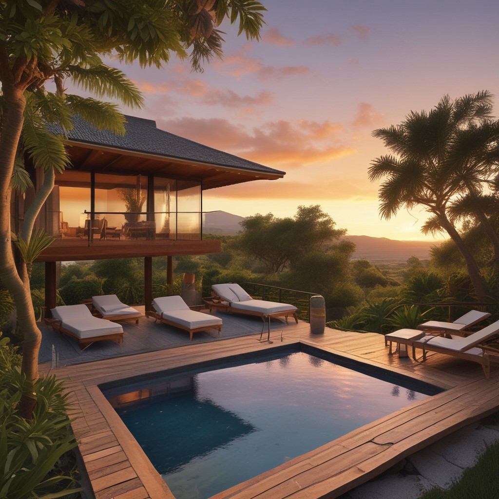artbreeder image T Z Maison moderne avec piscine, chaises longues et coucher de soleil en arrière-plan.